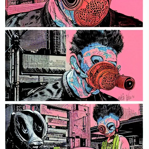 Prompt: detailed grainy risograph, dogs with gask mask, cyberpunk, vivid colors, by moebius and lehr paul and kim jung gi