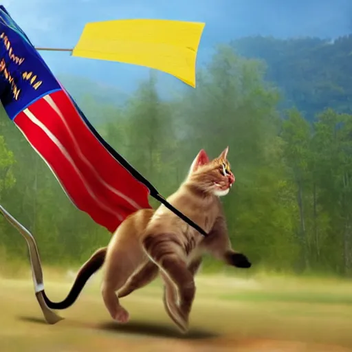 Image similar to a warrior cat carrying his battle flag while riding a larger cat steed that is galloping into battle