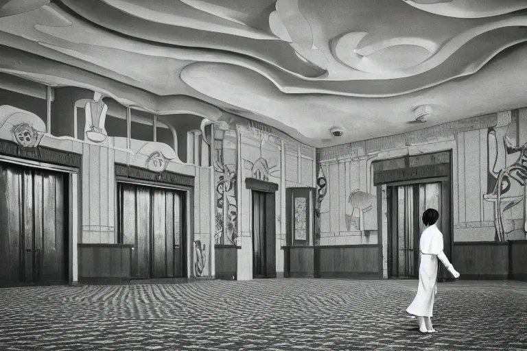 Image similar to giant flower head, girl walking in 1 9 6 0 hotel, surreal, symmetry, flat space, fanciful, hue, detailed, wes anderson