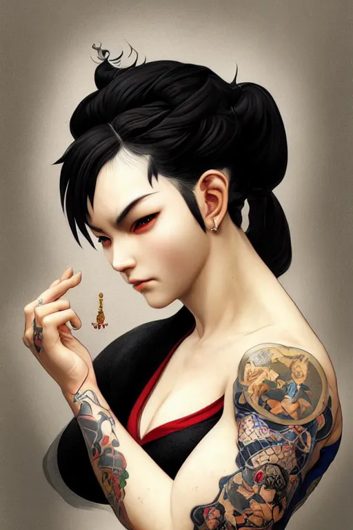 Image similar to portrait of goth Chun Li with yakuza tattoos, Street fighter, intricate, elegant, highly detailed, digital painting, artstation, concept art, smooth, sharp focus, illustration, art by artgerm and greg rutkowski and alphonse mucha and william-adolphe bouguereau