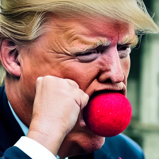 Prompt: candid portrait photo of president trump shoving a ball of paper into his mouth, eating a wad of paper, detailed portrait, 4 k, megapixel, sony a 7 s, f / 8, 2 4 mm lens