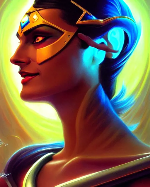 Image similar to symmetra from overwatch, fantasy, fantasy art, fantasy, colorful, elegant, character portrait, portrait, close up, highly detailed, intricate detail, amazing detail, sharp focus, vintage fantasy art, vintage sci - fi art, radiant light, caustics, by boris vallejo