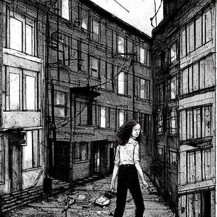 Prompt: sadie sink in dirty work clothes : walks alone in a long alley between english working - class terraced houses. : empty streets, dirty, polluted. technique : black and white pencil and ink. by gabriel hardman, joe alves, chris bonura. cinematic atmosphere, detailed and intricate, perfect anatomy