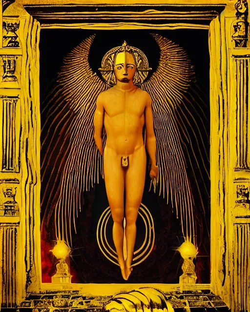 Image similar to the enigma god with a golden halo with forbidden knowledge by frank frazzetta