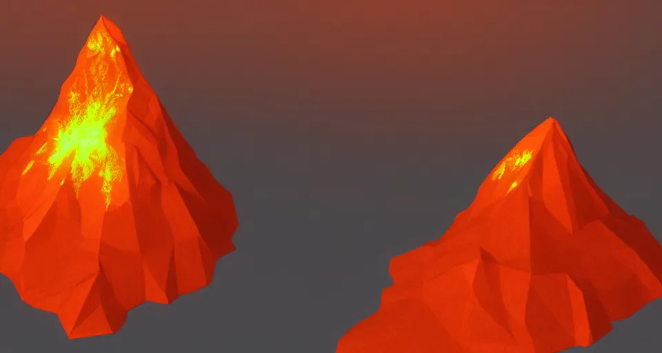 Image similar to low poly unity render of a volcano with glowing orange lava rolling down the side of it, low lighting