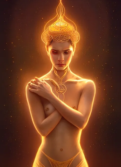 Image similar to a beautiful cinematic female sand goddess, glow golden tatto, galatic shamen with Quantum energy fantasy, fantasy magic, undercut hairstyle, dark light night, intricate, elegant, sharp focus, illustration, highly detailed, digital painting, concept art, matte, art by WLOP and Artgerm and Greg Rutkowski and Alphonse Mucha, masterpiece