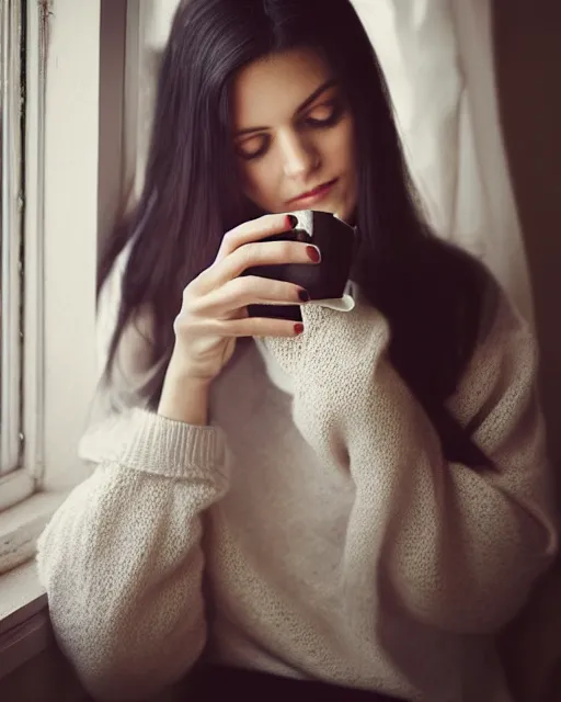 Prompt: a dreamy photograph of a pretty french girl with dark hair, wearing a loose oversized white sweater, cuddled up by a windowsill sipping a mug of tea during sunset. dramatic lighting, fantasy, intricate, elegant, highly detailed, lifelike, photorealistic, Sigma 1.6, 50mm, bokeh, HDR, high resolution, artstation, concept art, smooth, sharp focus, art by John Collier and Albert Aublet and Krenz Cushart and Artem Demura and Alphonse Mucha