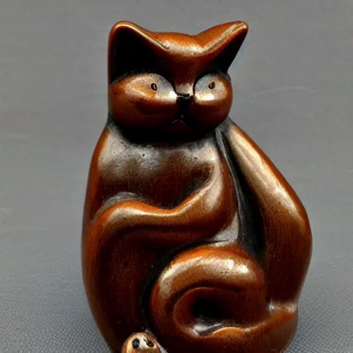 Image similar to elegant seductive anthropomorphic cat figurine wearing a kimono, hand carved brown resin, toggles, very highly detailed, intricate, monotone, shy looking down