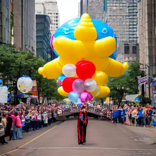 Prompt: photo of a Macy's balloon shaped like a matzah, parade photography