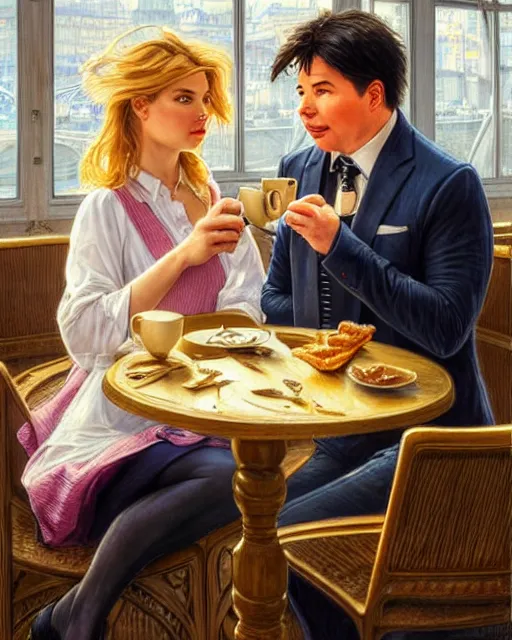 Image similar to Portrait of Michael Mcintyre & a blonde lady having coffee & croissants at waterfront in Porto,real life skin, intricate, elegant, highly detailed, artstation, concept art, smooth, sharp focus, art by artgerm and greg rutkowski and alphonse mucha