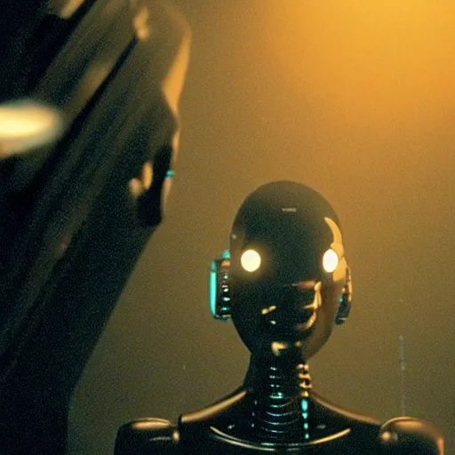 Image similar to movie scene of a man with a robot head, movie still, cinematic composition, cinematic light, criterion collection, reimagined by industrial light and magic, Movie by David Lynch and Ridley Scott and andrzej zulawski