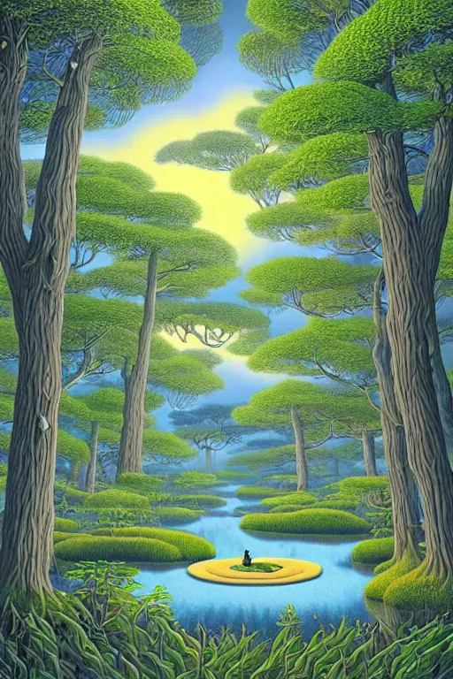 Prompt: looking straight on forest with twisting fantasy tress and pond with birds, Digital Matte Illustration by rob Gonsalves