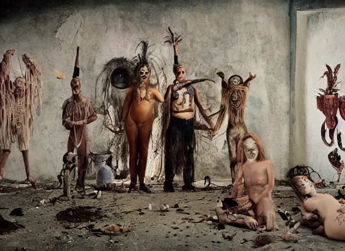 Image similar to sensual scene from art house film by alejandro jodorowsky, roger ballen and wes anderson : : surreal scene of an occult ritual in a picturesque outdoors setting : : mirrors, masks, costumes, snakes, smoke, burned dolls : : close - up of the actors'faces : : technicolor, 8 k