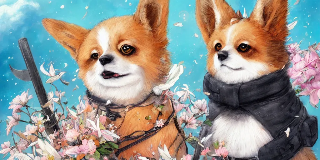 Image similar to highly detailed anime painting of a fluffy corgi ninja god, by Anna Dittmann and Hikari Shimoda , trending on Artstation, 8k, masterpiece