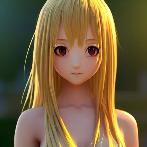 Prompt: nymph render of a very beautiful 3d anime girl, long hair, hazel eyes, cute freckles, full round face, short smile, cute sundress, golden hour, serene beach setting, medium shot, mid-shot, highly detailed, trending on Artstation, Unreal Engine 4k