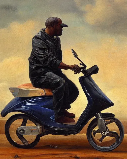 Image similar to kayne riding moped, aged oil painting by le pho