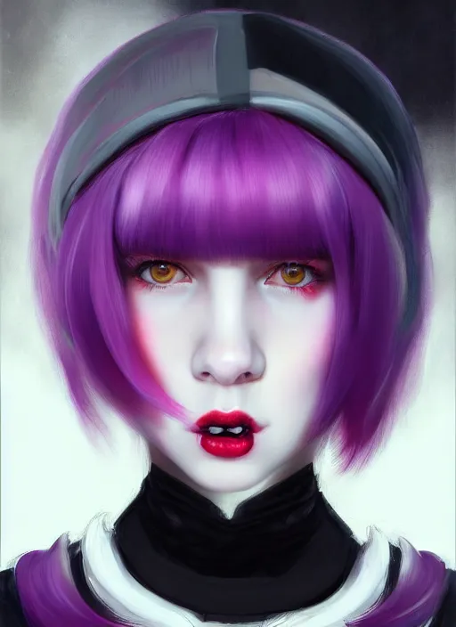 Image similar to portrait of white teenage girl, normal face, white bangs, mall goth, cyberlox, black and white hair, bangs, fluffy bangs, red contact lenses, purple lipstick, intricate, elegant, highly detailed, digital painting, artstation, concept art, sharp focus, smooth, illustration, art by wlop, mars ravelo and greg rutkowski