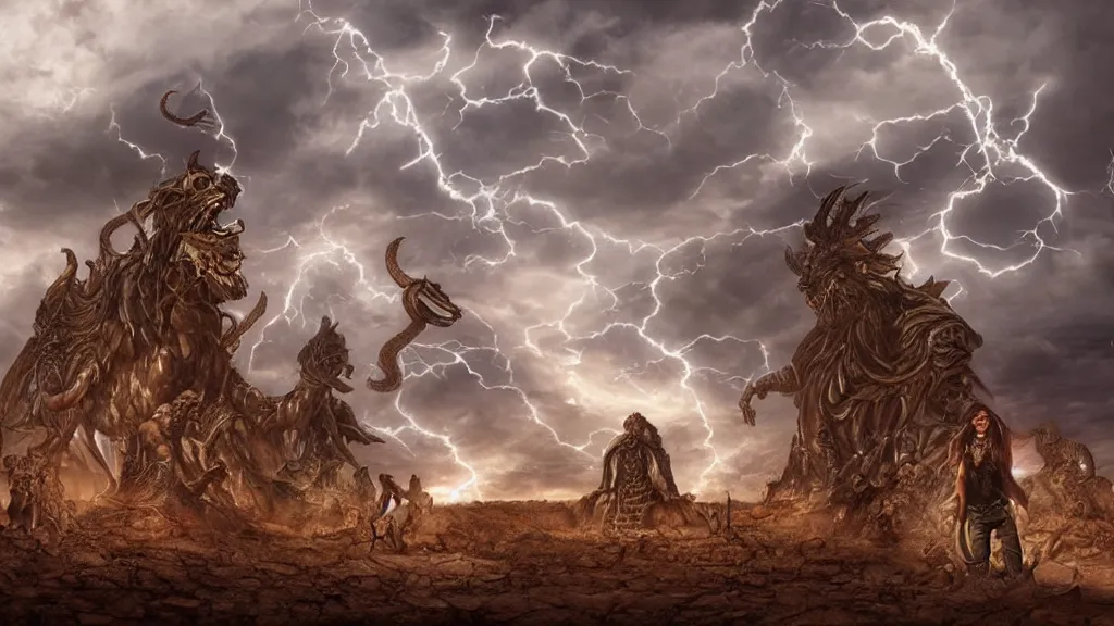 Prompt: Snakes, desert, Ruin giant statues, lightning tearing through clouds , sharp, digital art by James Zapata and Jana Schirmer and Brad Rigney and Andres Rios