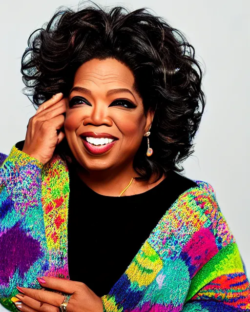 Image similar to headshot of the oprah winfrey, wearing a colorful coogi sweater, and black jeans, photoshoot in the style of annie leibovitz, studio lighting, soft focus, bokeh