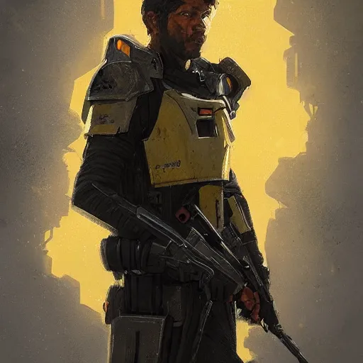 Prompt: portrait of a man by greg rutkowski, a soldier of the outer rim association, wearing a black and yellow tactical gear, star wars expanded universe, highly detailed portrait, digital painting, artstation, concept art, smooth, sharp foccus ilustration, artstation hq