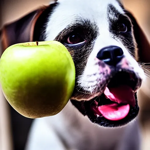 Image similar to a dog holding an apple in its mouth, 8 k, 4 k, professional photography, award winning photo