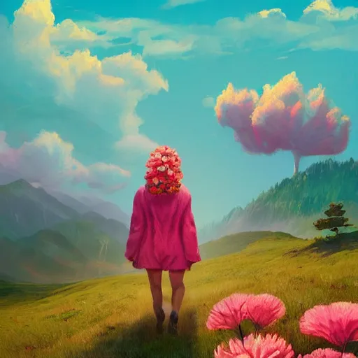 Image similar to giant carnation flower as a head, girl hiking in the mountains, surreal photography, sunrise, dramatic light, impressionist painting, colorful clouds, digital painting, artstation, simon stalenhag