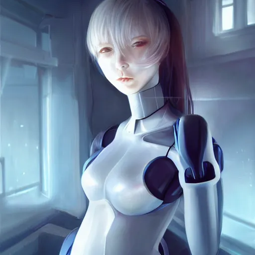 Image similar to beautiful image of a android robot girl with white pale skin drawn by kawacy, artstation, high quality, highly detailed