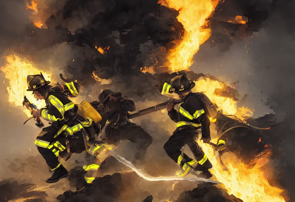 Image similar to heroic firefighter in action in black and yellow uniform, fire flames, sharp details, sharp focus, elegant, highly detailed, illustration, by jordan grimmer and greg rutkowski and pine ( ハイネ ) and 薯 子 imoko and 香 川 悠 作 and wlop and maya takamura, intricate