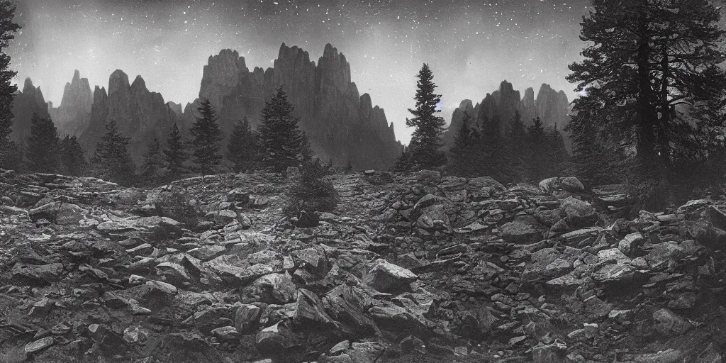 Image similar to 1920s photography historical photo of nightsky, but stars are circles, roots growing in the sky, in the dolomites, forest, dolomites, alpine, detailed intricate insanely detailed octane render, 8k artistic 1920s photography, photorealistic, black and white, chiaroscuro, hd, by David Cronenberg, Raphael, Caravaggio