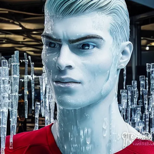 Image similar to made of ice, a realistic detailed photo of a guy who is an attractive humanoid who is half robot and half humanoid, who is a male android, on display, blank stare, showing off his muscles, shiny skin, posing like a statue, by the pool, frozen ice statue, f 1 driver max verstappen, humanoid robot