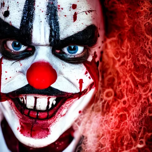 Image similar to semi close up on an expressionless clown with blood splattered on his face, muted tones, slightly out of focus, found footage