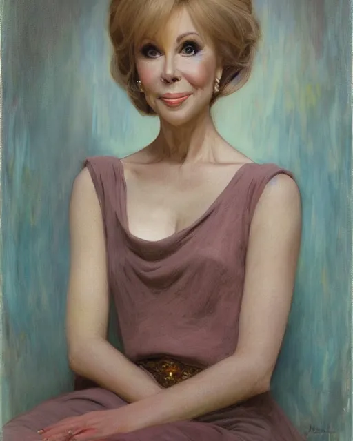 Prompt: portrait of young woman barbara eden by Mandy Jurgens and Richard Schmid and chuck close and mucha