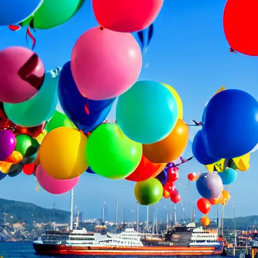 Image similar to photo of a lot of birthday balloons floating above a beautiful maritime port. sharp focus, highly - detailed, award - winning