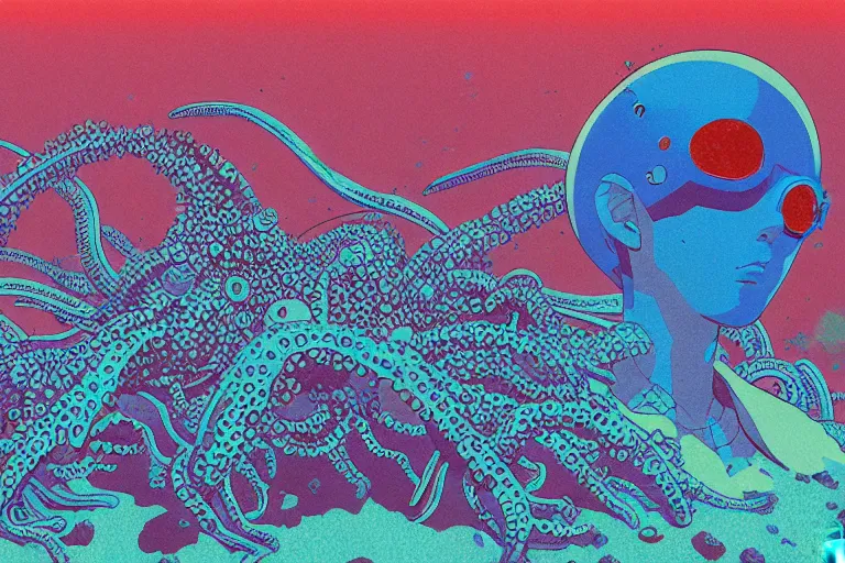 Image similar to risograph grainy drawing vintage sci - fi, satoshi kon color palette, gigantic gundam full - body covered in iridescent dead coral reef 1 9 6 0, kodak, with lot tentacles, natural blue - green colors, codex seraphinianus painting by moebius and satoshi kon and dirk dzimirsky close - up portrait