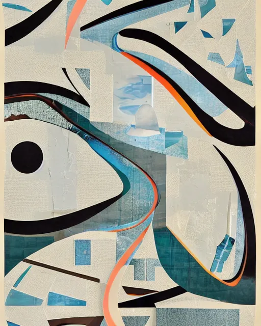 Image similar to A collage of a river reaching to the moon, mid-century modern, made of random shapes cut from magazines