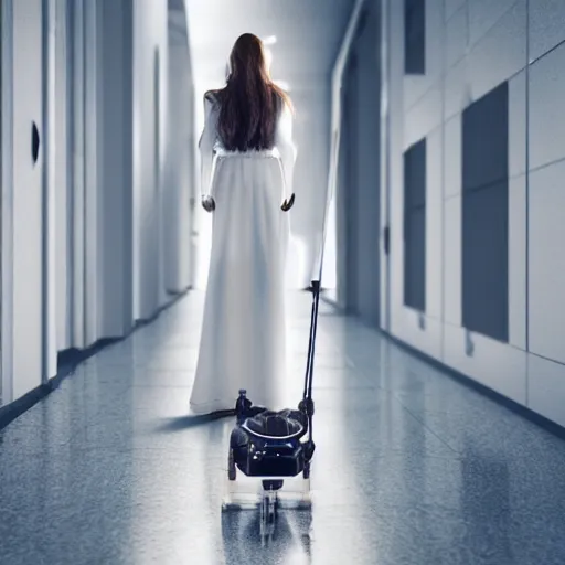 Prompt: a beautiful woman wearing a travel outfit walks down a white corridor with a robot cat by olivia malone, long hair, amazingly detailed, fantastic detailed eyes, pretty face, aged 2 5, swedish, photo realistic, photograph, 3 5 mm, octane render, trending on artstation