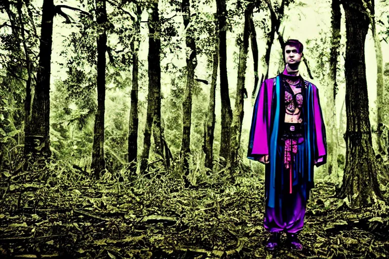 Image similar to versace avant garde male toga intricate textiles streetwear cyberpunk posing in the woods trees cloudy overcast dark late evening dramatic 3 5 mm professional color