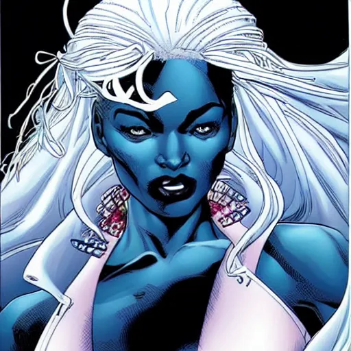 Image similar to Portrait of Ororo Munroe, a beautiful black woman in her 30s, with white hair and piercing blue eyes, symmetrical face, detailed face, gentle face, kind expression, heroic, graphic novel, art by Chris Bachalo and Alan Davis,