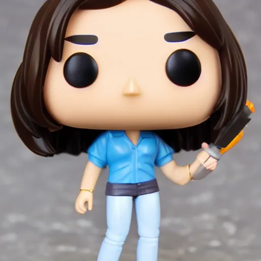 Image similar to funko pop figurine of beautiful smiling girl holding a microphone, very straight brown hair and pale skin wearing blank white thirt and jeans