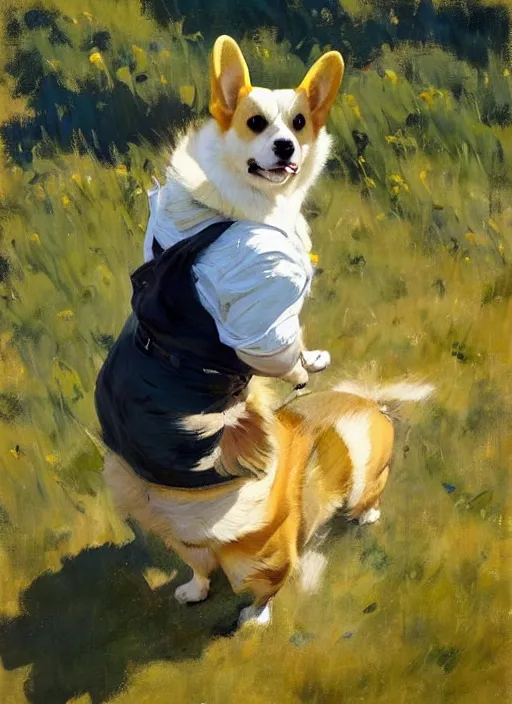 Prompt: Greg Manchess painting of a Corginian, countryside, calm, fantasy character portrait, dynamic pose, above view, sunny day, artwork by Jeremy Lipkin and Giuseppe Dangelico Pino and Michael Garmash and Rob Rey, very coherent asymmetrical artwork, sharp edges, perfect face, simple form, 100mm