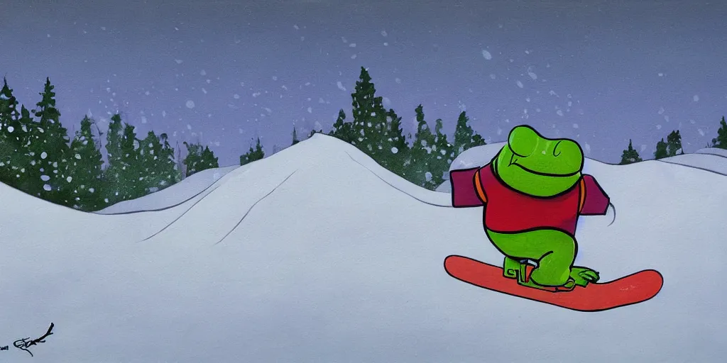 Image similar to pepe the frog snowboarding, gloomy landscape, painted by christopher radlund