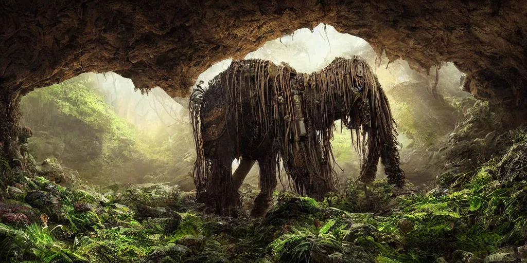 Image similar to magnificent mechanical steampunk mammoth looking eerily into a cave entrance with lush vegetation and mystical (((glowing algae))) in the sunset, desaturated, creepy ambiance, dangerous, sharp focus, highly detailed, artgerm