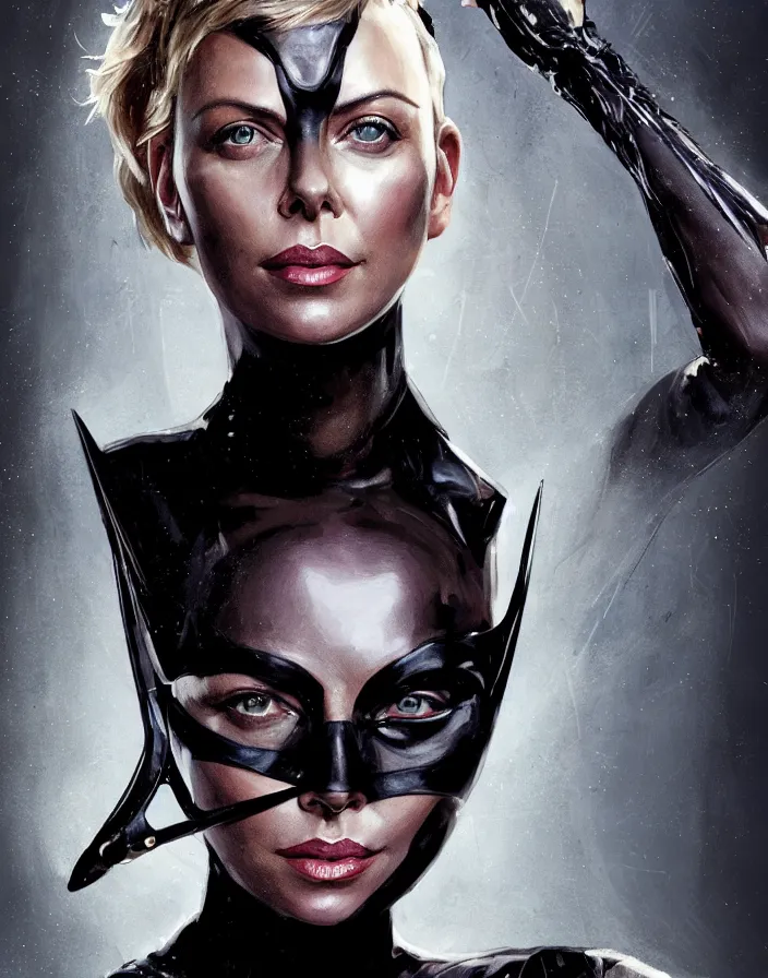 Image similar to portrait of charlize theron as a catwoman. batman. intricate abstract. intricate artwork. by tooth wu, wlop, beeple, dan mumford. octane render, trending on artstation, greg rutkowski very coherent symmetrical artwork. cinematic, hyper realism, high detail, octane render, 8 k, iridescent accents.