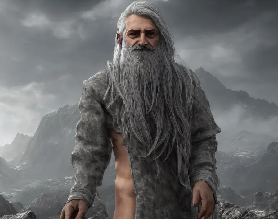 Prompt: grey wizard, very beautiful scenery, hd, hdr, ue 5, ue 6, unreal engine 5, cinematic 4 k wallpaper, 8 k, ultra detailed, by popular digital, details, beautiful image ever created, high resolution, artstation, award winning, detailed body, details face, realistic body proportions, realistic detailed skin