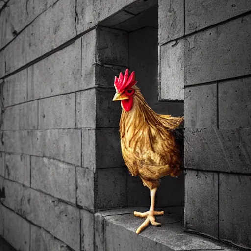 Prompt: man dressed as a chicken hiding around a corner, trending artstation, award winning photo