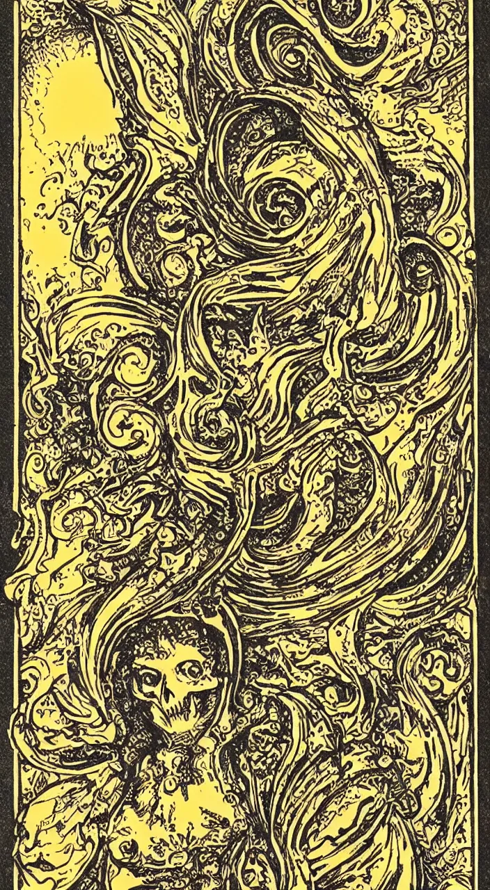 Prompt: tarot card with ornate border frame, death, magical, spiral, detailed