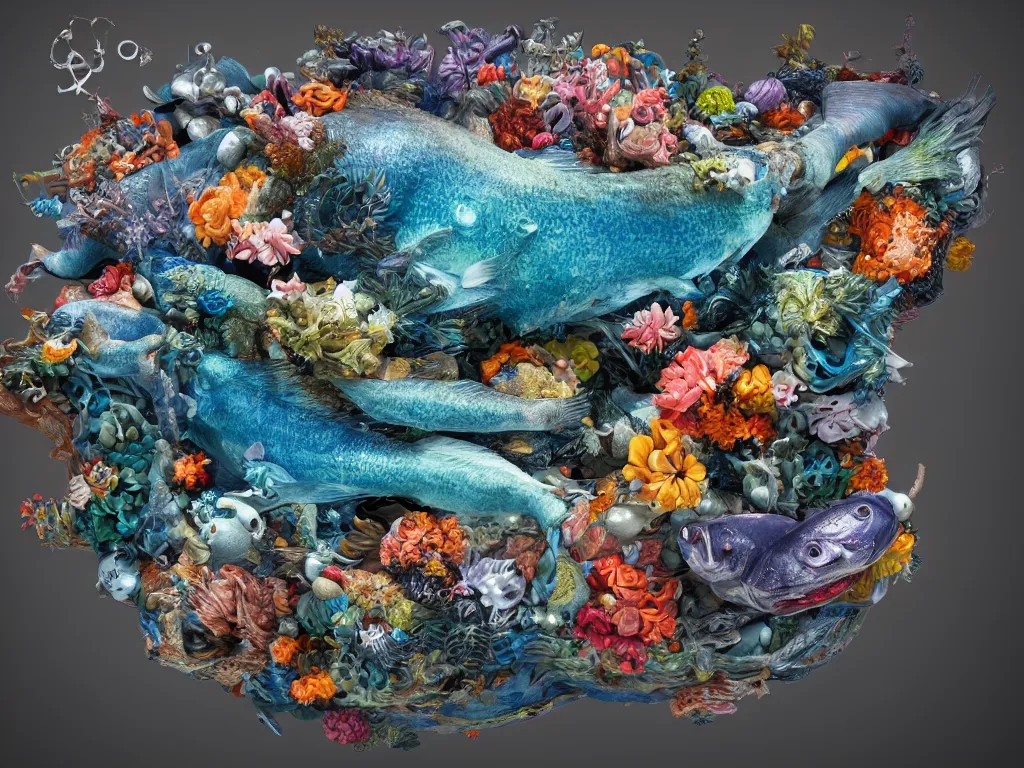Image similar to a sculpture of fish ocean intertwined, a lovely cornucopia of flowers and human body parts, body parts, highly detailed, octane render, cinematic, shock, sharp focus, ball, an independent psycho, clean