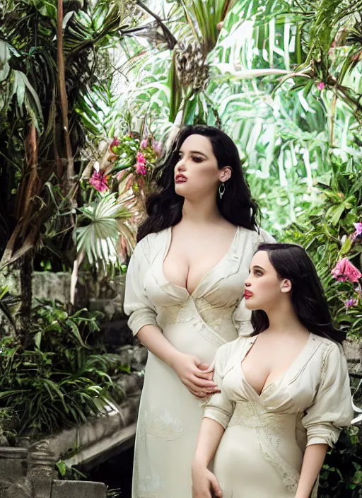 Image similar to portrait of demi rose and kat dennings wearing kebaya in bali, by charlotte grimm, natural light, detailed face, beautiful features, symmetrical, canon eos c 3 0 0, ƒ 1. 8, 3 5 mm, 8 k, medium - format print, half body shot