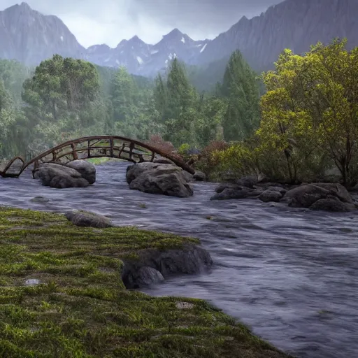 Prompt: A flowery meadow with a large tree in the middle and a river on the right with rocky sides, a wooden bridge on the right and mountains in the background, a slightly overcast sky. ultra realistic, matte painting, concept art, 4k, trending on artstation, octane render, wide lens.