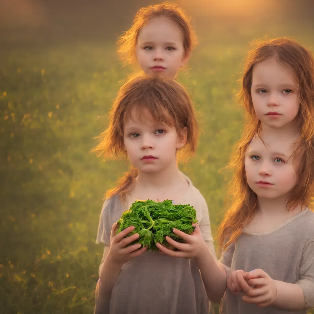 Image similar to Beautiful aesthetically pleasing single female child portrait, centered portrait, Confident holding vegetables, lush farm lands, fog, volumetric lighting beautiful, golden hour, sharp focus, ultra detailed, conceptartworld, Dr Zeuscomic art